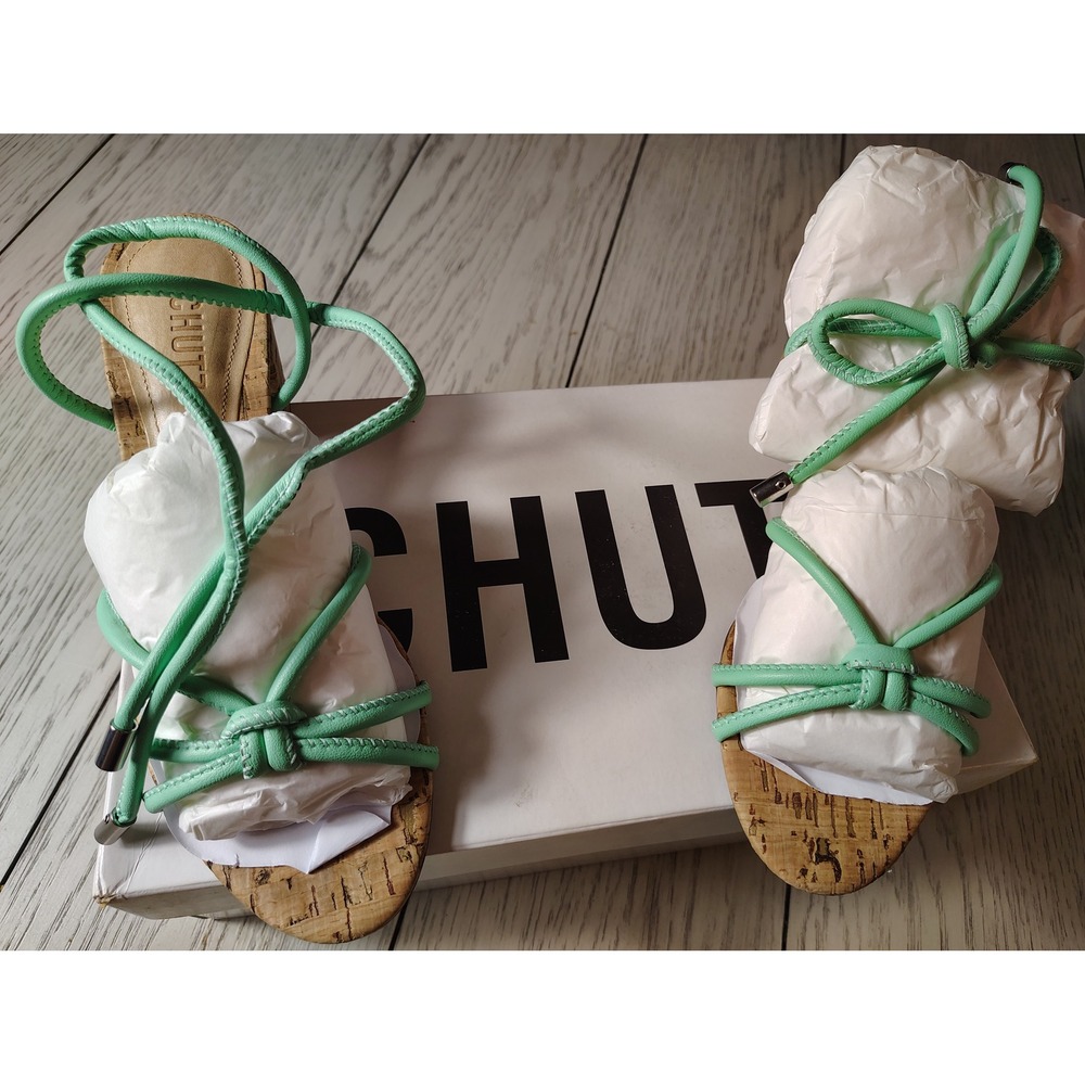 Schutz Buzy Mid Block Mint Green Cork Lace Up Sandals S2014805470008U Size 6.5B